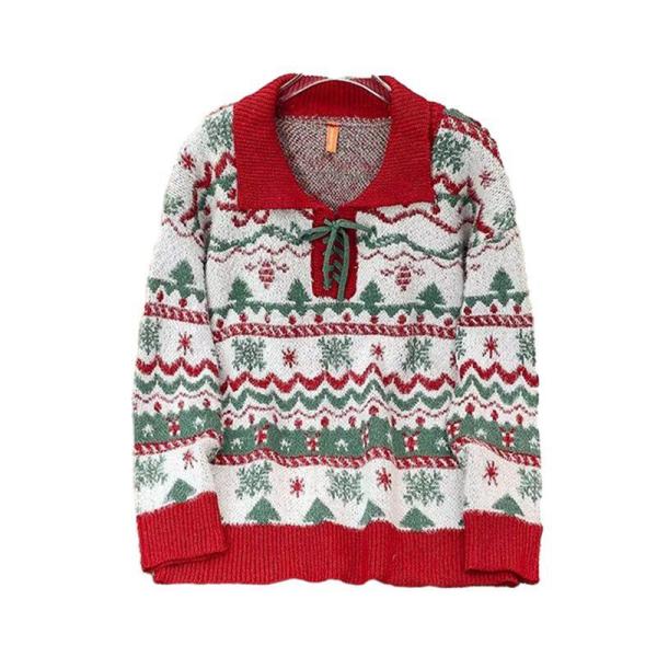 ポロ襟 セーター メンズ カジュアル ニット 馴鹿柄 長袖 ラウンドネック プルオーバー 防風 保温...