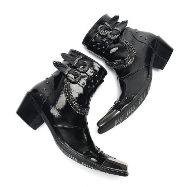 ショートブーツ エナメル ハイヒール ダブルストラップ メンズ ポインテッドトゥ パンク系 ワークブ...