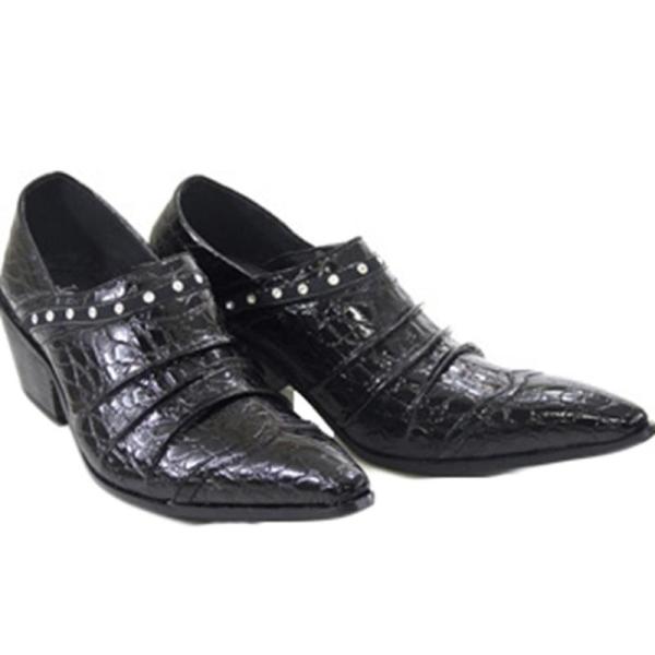 ビジネスシューズ 革靴 クロコ柄 ポインテッドトゥ スタッズ 6cmアップ ドレープ 短靴 ドレスシ...