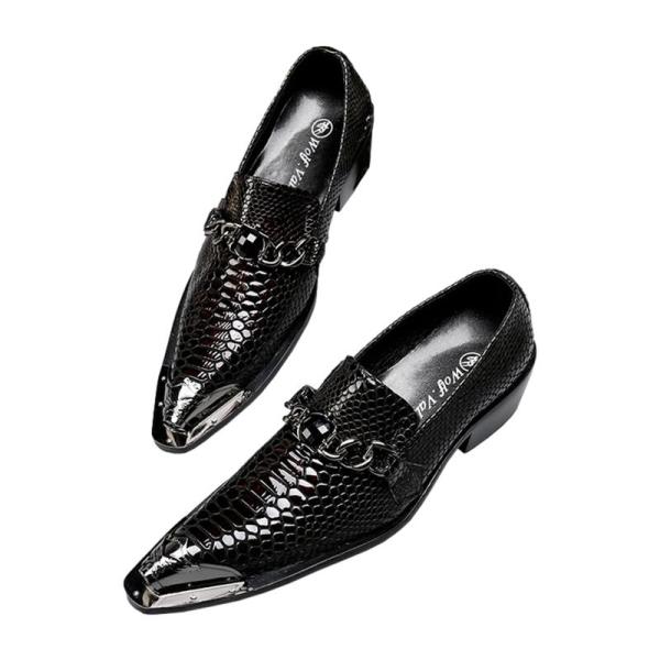 ビジネスシューズ メンズ 革靴 レザー 幅広 ポインテッドトゥ クロコ柄 チェーン 防滑 履き易い ...