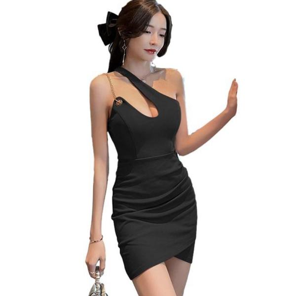 ワンピ キャバドレス ひざ丈 カシュクール ミニドレス 肩出し タイトワンピース 片肩 ボディコン ...