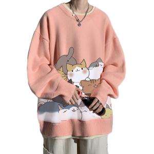 パーカー メンズ トレーナー フードなし プルオーバー 猫柄 韓国風 おしゃれ プリント 長袖 大きいサイズ ゆったり ストリート 春秋