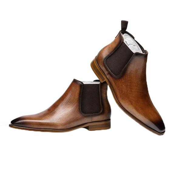 チェルシーブーツ メンズ 本革 サイドゴアブーツ 秋冬春 焦がし ポインテッドトゥ ハイカット ショ...