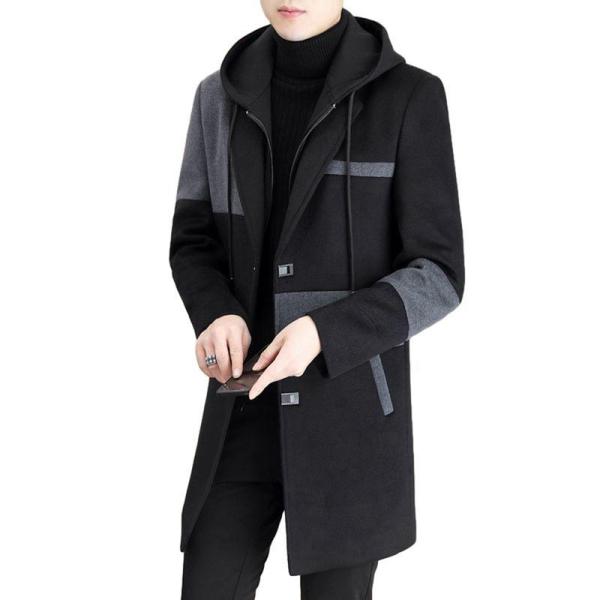 メンズ チェスターコート ウール100 フード付き 切り替え ロングトレンチ ビジネス 春秋冬 大き...