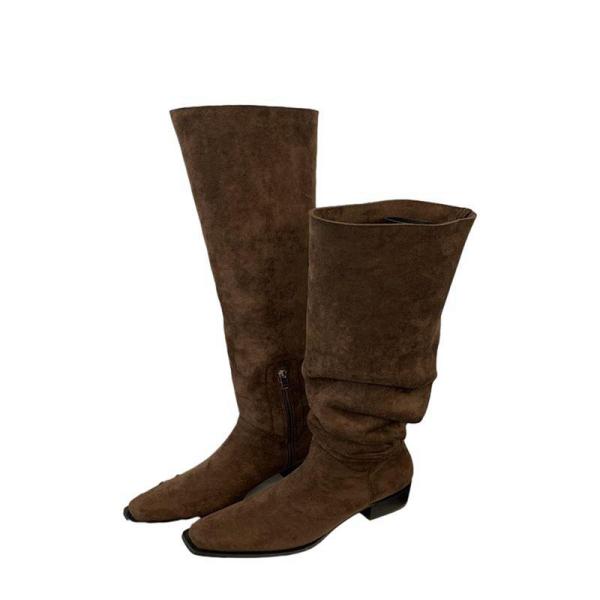 ロングブーツ ニーハイブーツ ローヒール4cm 太ヒール サイドファスナー レディースブーツ スエー...