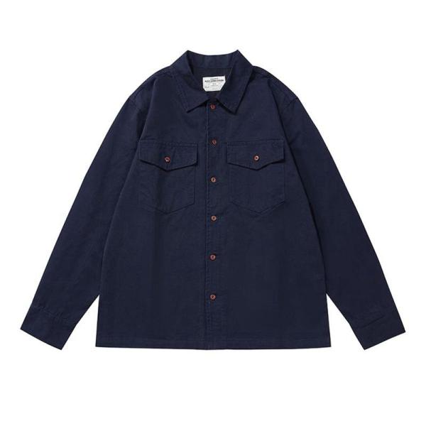 カジュアルシャツ メンズ 開襟 長袖 ワークシャツ 厚手 オックスフォード ダブルポケット 春夏秋 ...