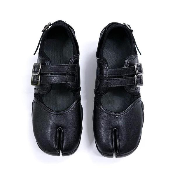 足袋パンプス バレエシューズ ダブルストラップ レディース 厚底靴 4cmアップ レザー コンフォー...