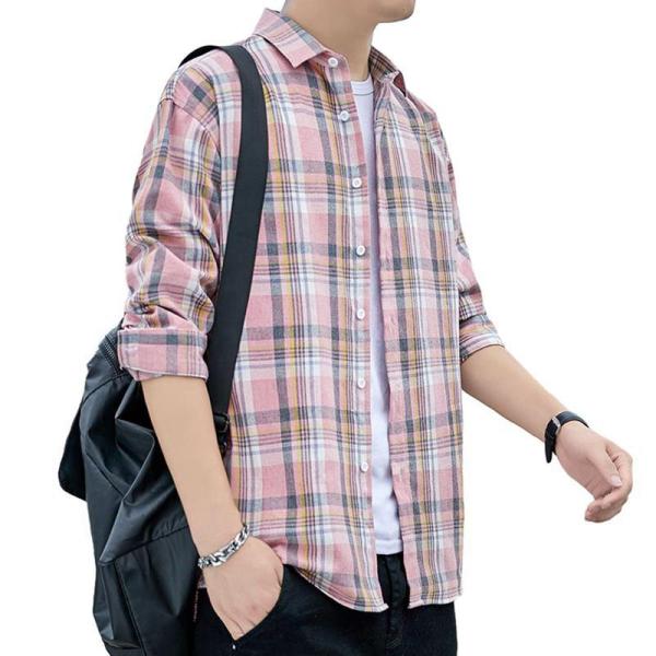 ネルシャツ チェック柄 シャツ 長袖 メンズ 襟付き マドラスチェック カジュアル トップス ボタン...