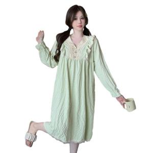 レースフリル ロングワンピース 長袖 姫系 ネグリジェ ルームワンピース M-5XL 大きいサイズ 寝巻き 吸汗 通気 吸湿 コンフォート