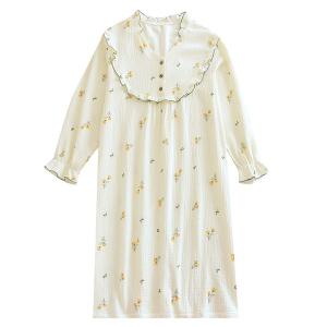 春 夏 ネグリジェ 長袖 ルームワンピース 花柄 可愛い レディース ルームウェア 寝巻き 二重ガーゼ 綿100 襟フリル ガーゼパジャマ