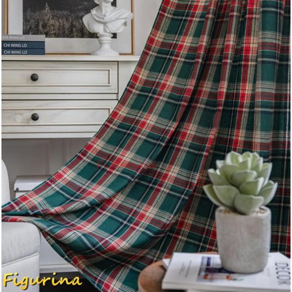 カーテン 可愛い チェック柄 グリーン 緑 グレンチェック レース パッチワーク 切り替え タッセル...