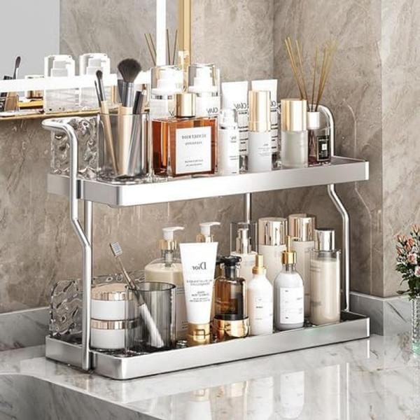 キッチン茶器水コップ収納棚 キャビネット台面二重調味料収納棚 バスルーム入浴剤化粧品スキンケア用品整...