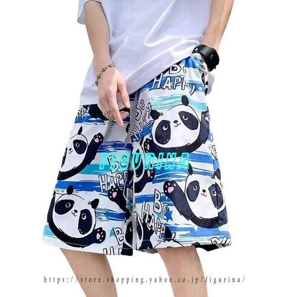 ビーチパンツ パンダ柄 可愛いパンダ ショートパンツ メンズ 縞 ストライプ 海パン サーフショーツ...