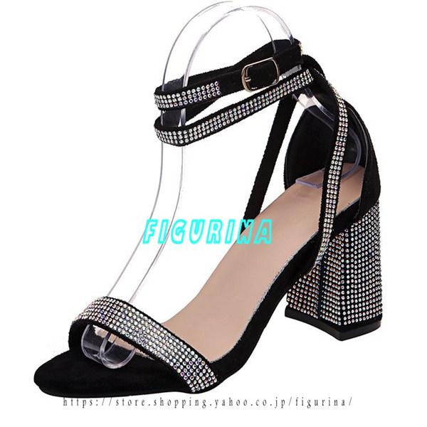 ラインストーン サンダル キャバ サンダル 太ヒール アンクルストラップ キャバ サンダル キャバク...