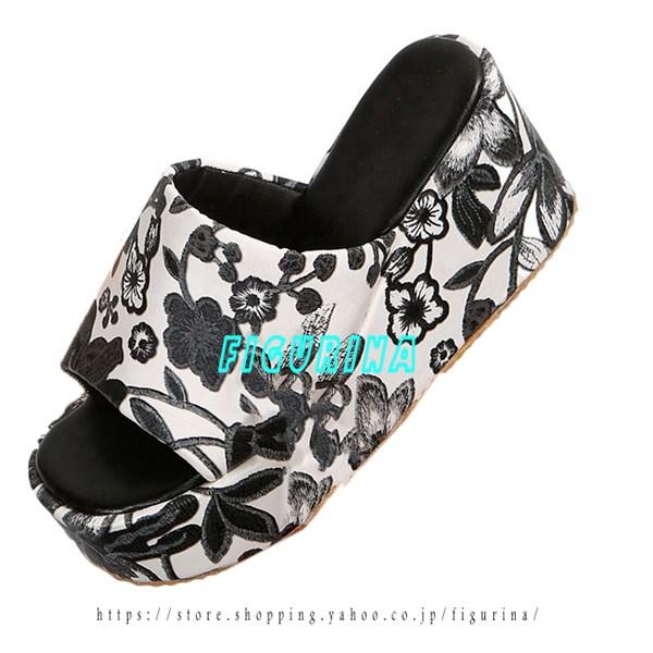 花柄 刺繍 ミュール サンダル 厚底 スリッパ エナメル スクエアトゥ 大きいサイズ ウェッジサンダ...