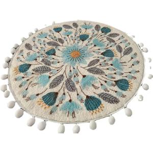 円形 カーペット ポンポン付き ラグマット 植物柄 エスニック ずれない 直径80cm 防塵 折りた...