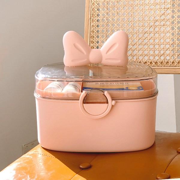 薬箱 救急箱 可愛い 2層 大容量 取っ手付き リボン 透明蓋 女性用 女の子 応急ボックス 薬ケー...