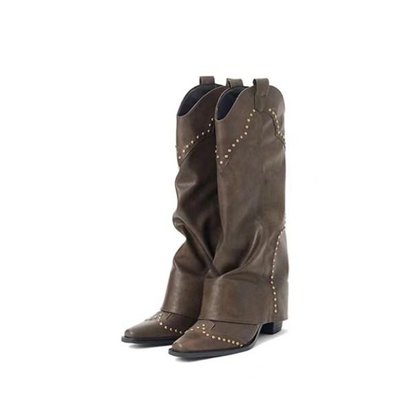 ロングブーツ メタリック 金属 リベット ウエスタンブーツ 膝下 レディース ミドルヒール ポインテ...