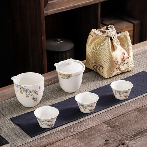 セラミックティーセット 4客入 花柄 茶器セット 旅行ティーセット 急須 湯呑み 敷物付き 麦茶ポッ...