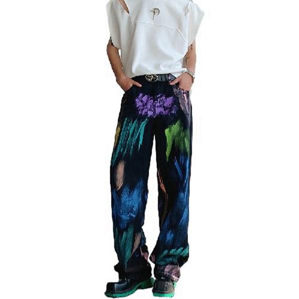 デニムパンツ ワイドパンツ カラフル メンズ ルーズ INS風 ロング丈 ボトムズ 四季使用 薄手 ...