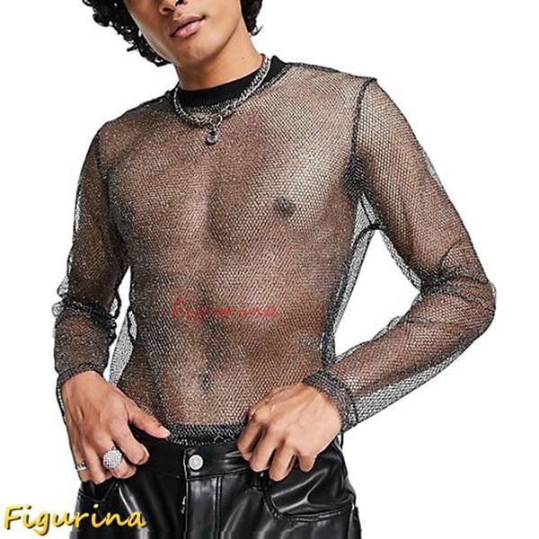 Tシャツ 透明 メンズ 黒 メッシュ 透ける 透かし彫り ハイネック 長袖 ダンスウェア 夜店 ホス...