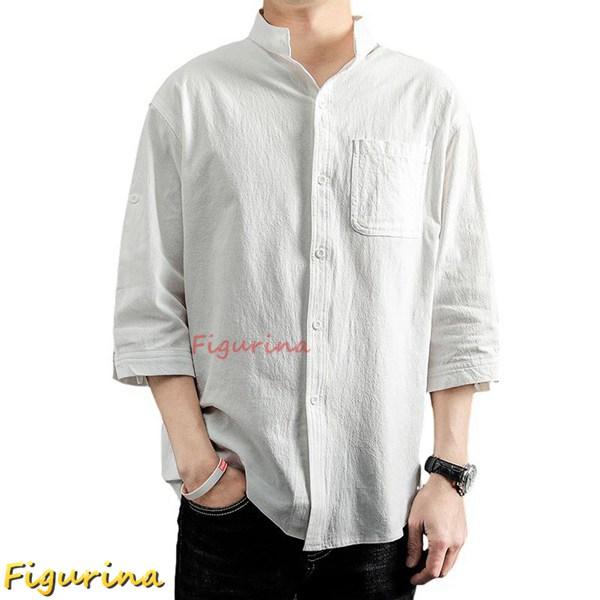 メンズ シャツ 無地 綿麻シャツ 5xl 涼しい さらさら 立つ襟 五分袖 開襟シャツ カジュアル ...