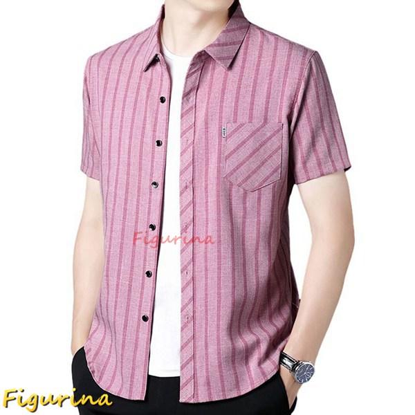 半袖シャツ 麻シャツ チェック柄 コットンシャツ メンズ ストライプ柄 開襟シャツ 大きいサイズ 五...