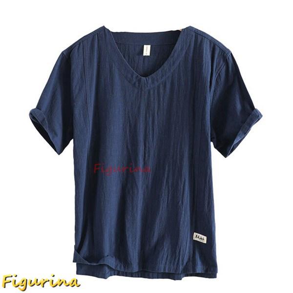 Tシャツ メンズ 綿麻 S-5XL 半袖シャツ プルオーバー vネック カットソー 無地 大きいサイ...