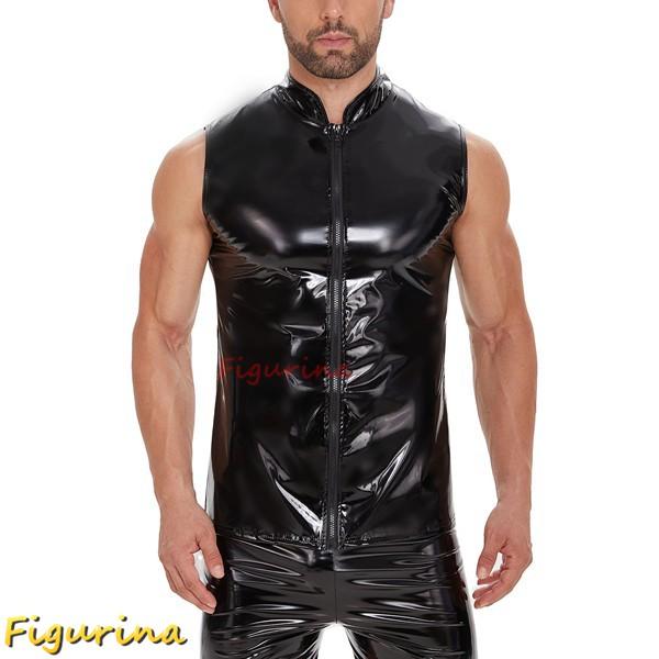 PU メンズベスト レザーベスト 細身 セクシー 光沢感 革ベスト 撥水加工 ジップアップ ノースリ...