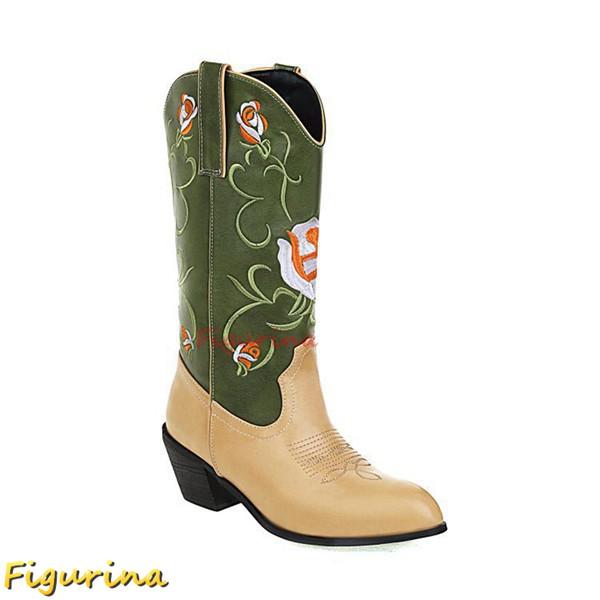 ウエスタンブーツ スプライス 大きいサイズ メンズ ユニセックス 刺繍 花柄 ロングブーツ ポインテ...