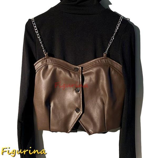 キャミソール フェイクレザー レディース ベスト 防寒着 保温 アウター ボタン 革ジャン 通勤 都...