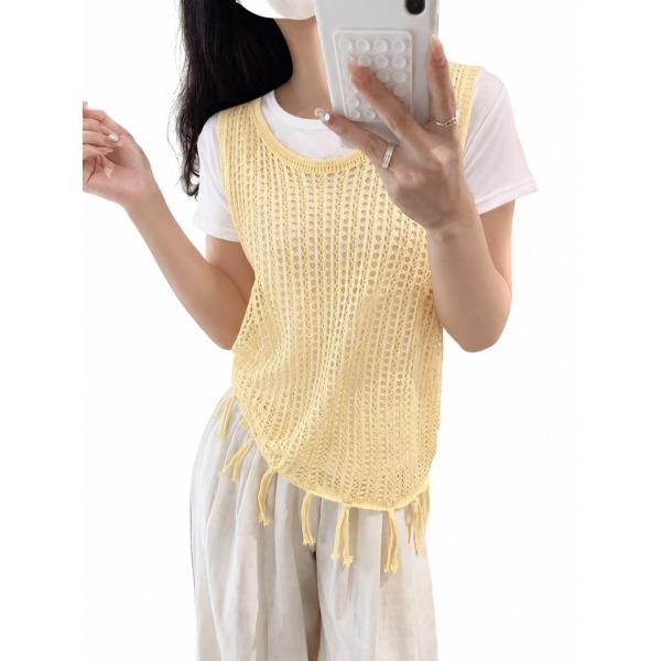 ニットベスト Tシャツ 2点セット レディース 透かし編み フリンジ ノースリーブ クルーネック サ...