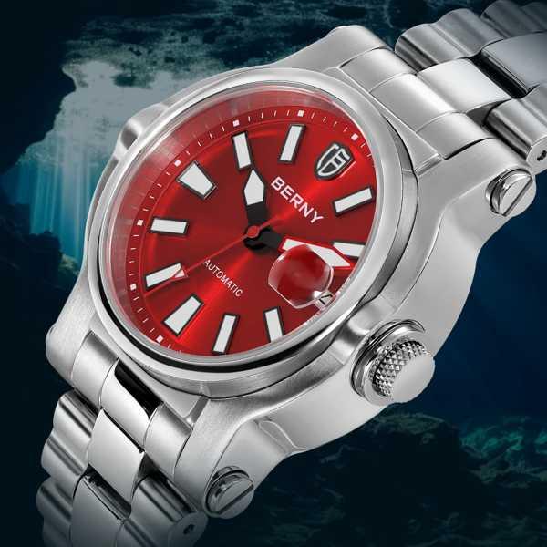 Berny-メンズダイバー自動腕時計 発光サファイア ステンレス鋼 ダイビング腕時計 スポーツ防水 ...