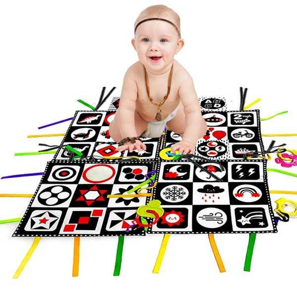 Mummy-赤ちゃん用の折りたたみ式プレイマット 0〜12か月の赤ちゃん用の黒と白のアクティビティマ...