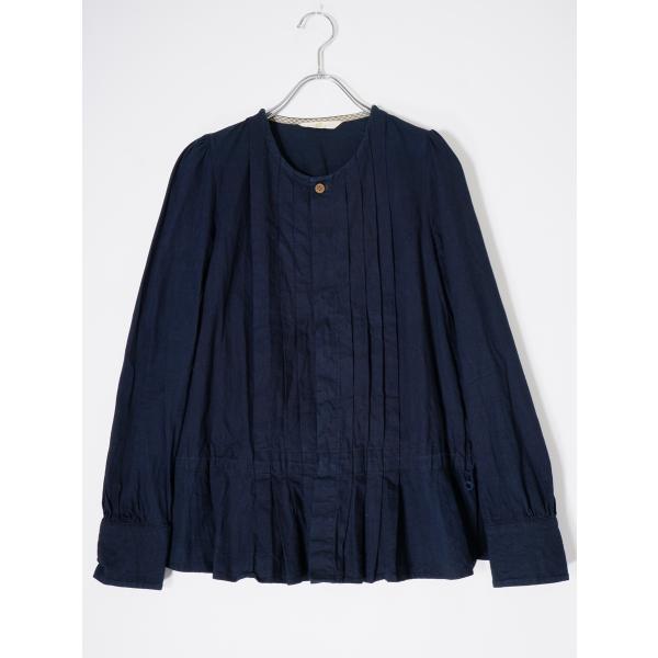 45Rフォーティファイブアール45rpm インディゴコットン ピンタックプリーツノーカラーブラウス ...