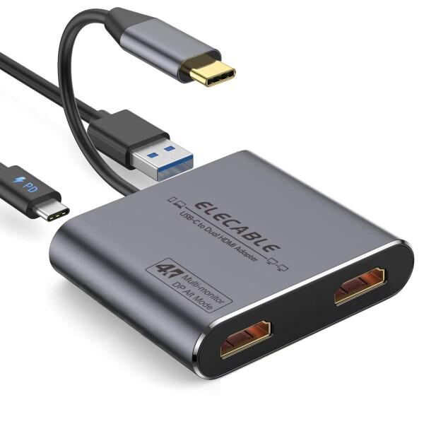 USB C - デュアル HDMI アダプター 4K、USB+PD 充電+2 HDMI 4 in 1...