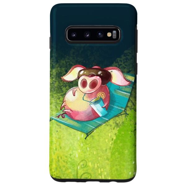 Galaxy S10 愛らしいクールな豚 サングラス付き 水彩画デザイン スマホケース