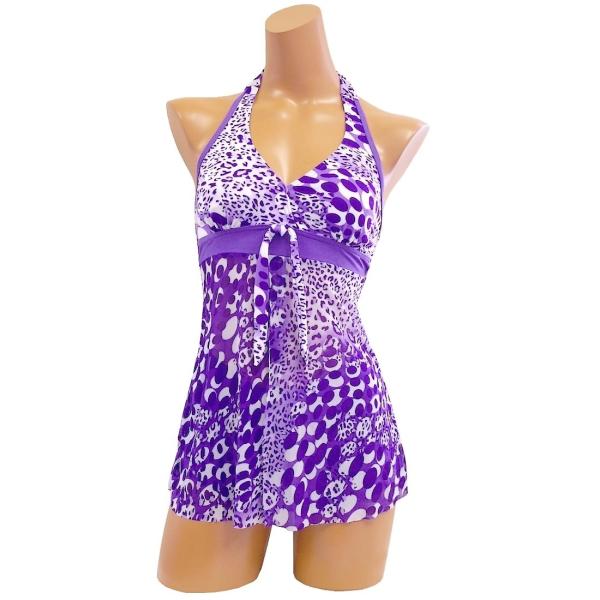 レディースタンキニ水着　レオパード柄胸元リボン　　　ショーパンタイプ 　パープル