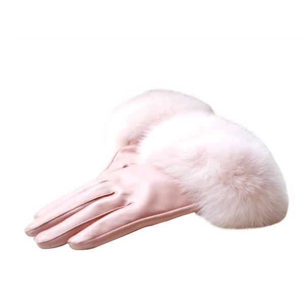 豪華フォックスファー付 柔らか本革ラムレザー キュート6カラー 内起毛　本革ファー付レディース手袋