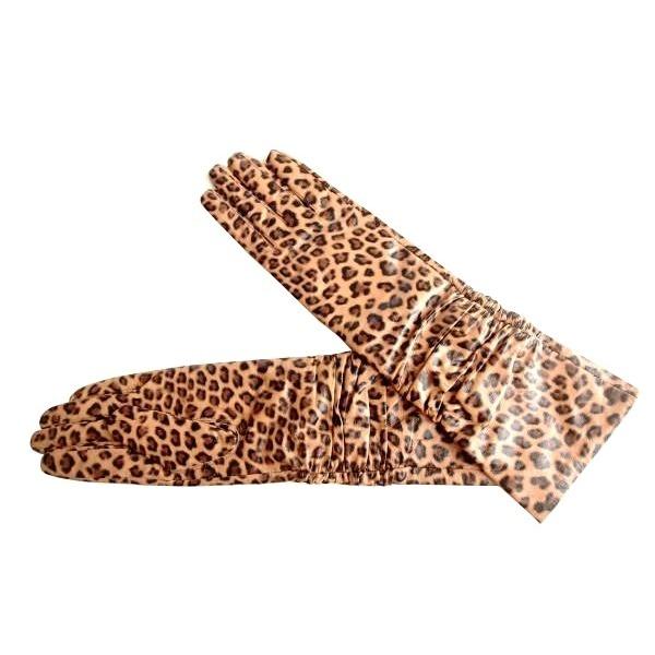 本革シープレザー　アニマルレオパード柄　ギャザー入 レディースロング手袋