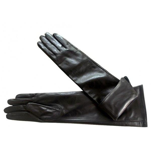 本革　柔らか上質ラムレザー 人気！折り返しブラック　 本革レディースロンググローブ