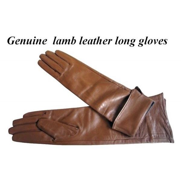 本革　柔らか上質ラムレザー　 折り返しブラウン　本革レディースロンググローブ
