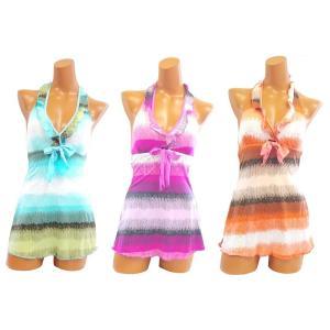 レディース水着　モザイクボーダー柄　ホルターネックワンピース水着3カラー