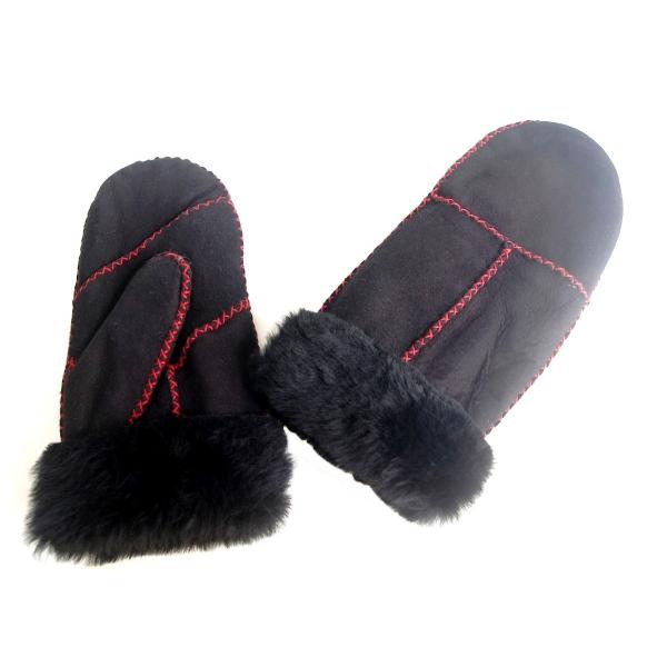 新色！本革ムートン　ブラック赤ステッチ　レディース　本革ムートンミトン