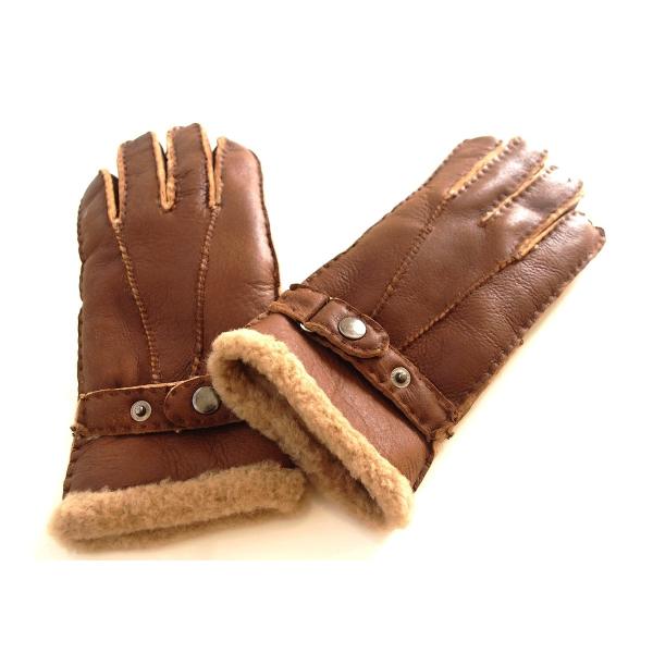 暖かさ抜群ベルト付　 本革ダブルフェイス　レディースムートングローブ　ハンドステッチ　ブラウン