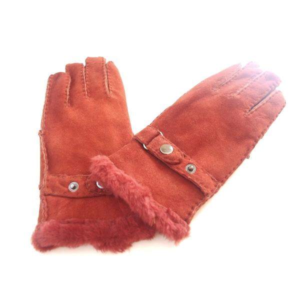 暖かさ抜群ベルト付　 本革ムートングローブ　レンガ色
