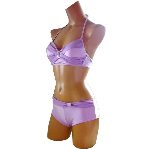 胸元ラインストーン付き　リボンを巻いたフォルム　パープル　ワイヤービキニ水着　