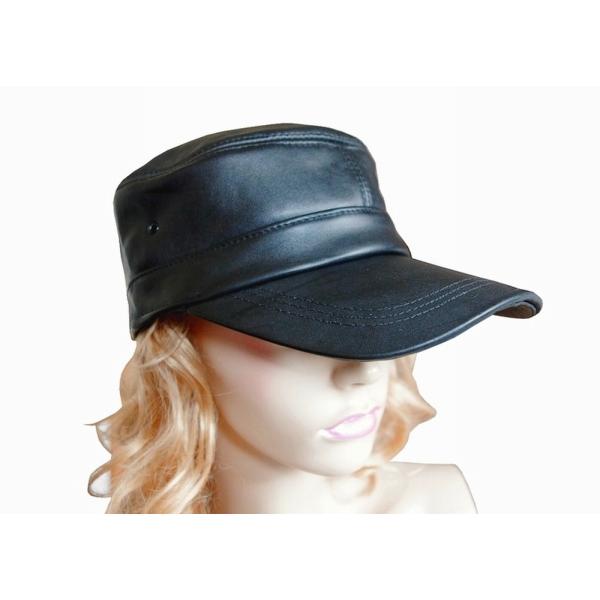 本革シープレザー 激渋！つば長タイプ　本革ブラックワークキャップ 男女兼用