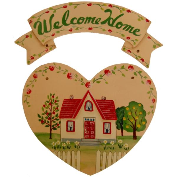 ご自分で描く図案付トールペイント白木素材セット　mh-625　ハートとリボンのウェルカムホーム