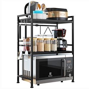 レンジ台 電子レンジ上ラック 幅伸縮式 3段 キッチン収納棚 荷重50KG スチールラック 省スペース 日本語説明書付き ブラ